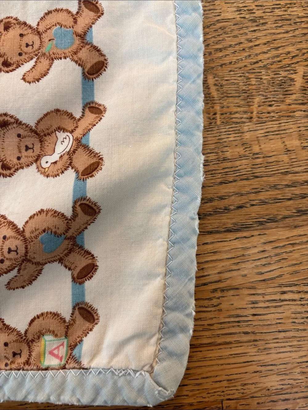 Vintage Handmade Blue Alphabet Teddy Baby Quilt - Adorable Hung on Wall/Display